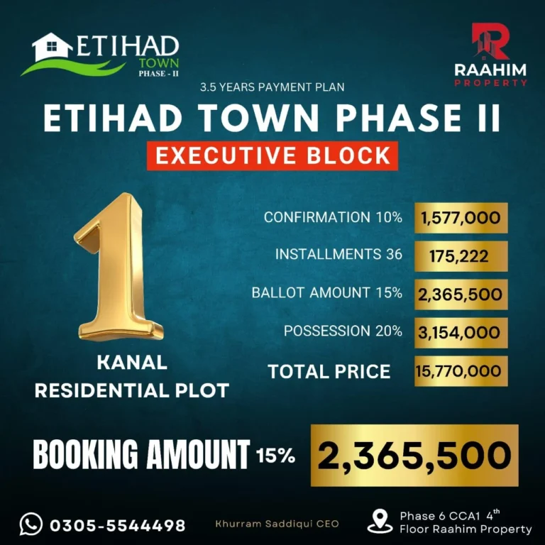 Etihad Town Phase II 1 Kanal installment plans